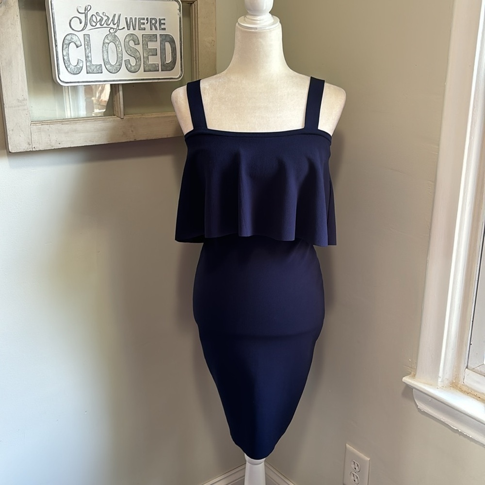 Milly Sleeveless Flounce Knit Sheath Dress Navy NWOT - Picture 2 of 10